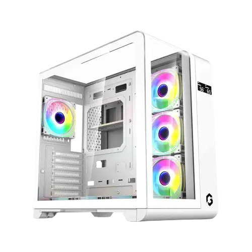 GameOn Infinity Series Digital Display Screen Mid Tower Three Panel Front,Top & Left Side Tempered Glass Case With 4 RGB Fans - White