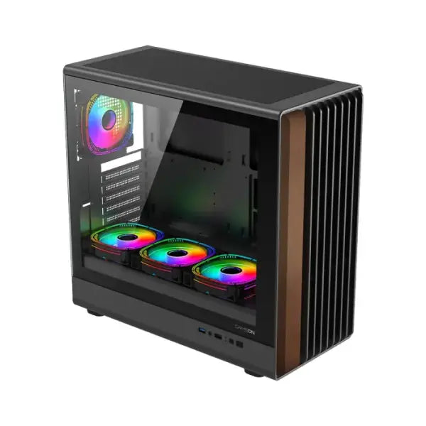 GameOn Timber Midnight Series ARGB + PWM Mid Tower Gaming Case With (7 Fans Included) - Wood/Black PC Case